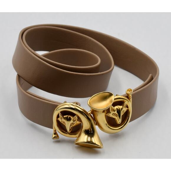 Vintage DOTTY SMITH BUCKLE & Leather Belt Fox Head & French Horn Fox Gold Tone main image 5